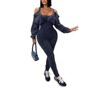 KWISUAWHGA Sexy Figurbetonter Einteiler-Jumpsuit für Damen Gerippt Langärmlig Schulterfrei Lässig Langer Strampler Clubwear,Grau,S
