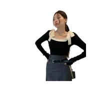 KWTF Koreanisches Oberteil für Damen, Fliege mit Schleife, quadratischer Kragen, Unterschicht, Langarm, Panel, T-Shirts