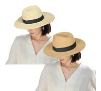 KXF Stroh-Sonnenhut für Damen und Herren, breite Krempe, verstellbar, Panama-Sonnenkappe, Sommer, Strand, Reisen, 2 Stück, Beige + Khaki