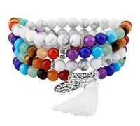 KYEYGWO 108 Gebet Mala Perlen Armband für Damen Herren, 6mm Tibetisch-buddhistischen 7 Chakra Heilstein Halskette für Unisex, Weiß Howlite Türkis
