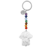 KYEYGWO Bergkristall Kristall Hamsa Hand der Fatima Schlüsselanhänger mit Baum des Lebens Anhänger, 7 Chakra Stein Schlüsselring Heilstein Handteller Taschenanhänger Talisman Schlüsselband