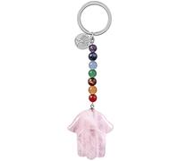 KYEYGWO Rosenquarz Kristall Hamsa Hand der Fatima Schlüsselanhänger mit Baum des Lebens Anhänger, 7 Chakra Stein Schlüsselring Heilstein Handteller Taschenanhänger Talisman Schlüsselband