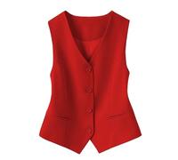 KYUERWK Weste Damen Elegant,Vollständig Gefütterte Weste für Damen Festliche Kostüme Mode Ärmellos Button Down V Ausschnitt Crop Top Sommer Anzugweste Elegant Schlank Retro Partyjacke Rot Xl