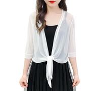 KZYQDARS Bolero Damen Damen Bolero mit Offener Vorderseite, Transparent, Schal, Langärmelig, Vorne Offen, Kurzer Cardigan Stil, Zum Binden, für Kleider, Abendveranstaltungen, Hochzeiten, Weiß, L