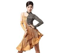 kzytamz Damen Fransen Latein Tanzkleider Hoher Kragen Latein Turnierkleid Ballsaal Salsa Samba Cha Cha Rock mit abfallendem Saum Walzer Performance Kleid Foxtrot Praxisrock (L,Gold)