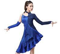 kzytamz Damen Fransen Latein Tanzkleider Hoher Kragen Latein Turnierkleid Ballsaal Salsa Samba Cha Cha Rock mit abfallendem Saum Walzer Performance Kleid Foxtrot Praxisrock (XXL,Blue)