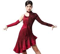 kzytamz Damen Fransen Latein Tanzkleider Hoher Kragen Latein Turnierkleid Ballsaal Salsa Samba Cha Cha Rock mit abfallendem Saum Walzer Performance Kleid Foxtrot Praxisrock (L,Red)
