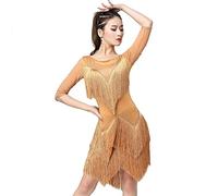 kzytamz Damen Latein-Tanzkleider mit Fransensaum Rundhalsausschnitt mittellange Ärmel Schwarz Latein-Wettkampfkleid Ballsaal Salsa Samba-Rock Walzer Performance Kleid (XXXL,Gold)