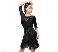 kzytamz Damen Latein-Tanzkleider mit Fransensaum Rundhalsausschnitt mittellange Ärmel Schwarz Latein-Wettkampfkleid Ballsaal Salsa Samba-Rock Walzer Performance Kleid (M,Black)