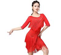 kzytamz Damen Latein-Tanzkleider mit Fransensaum Rundhalsausschnitt mittellange Ärmel Schwarz Latein-Wettkampfkleid Ballsaal Salsa Samba-Rock Walzer Performance Kleid (S,Red)