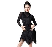 kzytamz Damen Latin Dance Kleider mit Fransensaum Hoher Kragen mit Langen Ärmeln Ballsaal Salsa Samba Rock Latin Competition Dress Walzer Performance Kleid Foxtrot Praxisrock (XXL,Black)