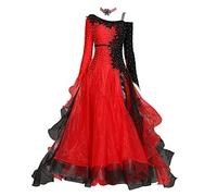 kzytamz Langarmes Walzer Kleid, Moderner Tanzrock Kleid Ballsaal-Tanzkostüm?Walzer Tango Glatte Turnierkleider Simuliertes Seidentuch Big Swing Dress (M,Red)