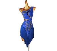 kzytamz Lateinisches Tanzkleid Damen Fransen Latin Dance Kleider für Frauen Ballsaal Salsa Samba Rumba ChaCha Kostüm Beruf Latin Competition Dress Walzer Performance Kleid (XL,Blue)