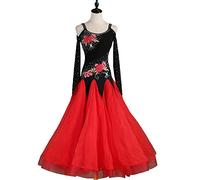 kzytamz Professionelle National Standard Dance Dress Für Frauen Langärmeliger Walzer Kleider Standard-Tanzkleider Spitze Modernes Tanzkleid Gesellschaftstanz Kleid Walzer (L,Red)