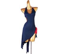 kzytamz Sexy Sling Latin Dance Kleider Frauen Rückenfreier Ballsaal Samba Cha Cha Rumba Schräger Saum Latin Competition Dress Tango Soziale Wettbewerb Kostüme Salsa Tanzen Outfit (XL,Navy Blue)