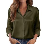 (L,Army Green)Women's satin shirt, silk button-down shirt, long-sleeved business casual top Burgundy XL
