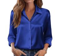 (L,Blue)Women's satin shirt, silk button-down shirt, long-sleeved business casual top Burgundy XL