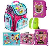 L.O.L Surprise LOL Schulranzen Set ergonomischer Ranzen Federmappe Turnbeutel Zeichenbox Schreibtischunterlage Regenhülle Mädchen 6-teilig LOL Puppen Lizenz