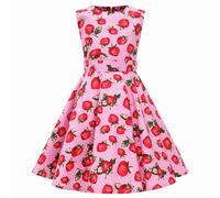 L PATTERN Kinder Mädchen 1950er Vintage Print Abendkleid Rockabilly Kleid Retro Cocktailkleid Faltenrock Knielang, Rosa Erdbeerkleid, 134/140(Label: L/140)