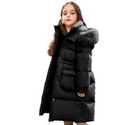 L PATTERN Kinder Winterjacke Mädchen Lang Wintermantel Kapuze mit Pelzkragen Verdickt Winter Outdoor Coats mit Taschen,Schwarz,8-9 Jahre