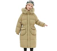 L PATTERN Kinder Winterjacke Mädchen Lang Wintermantel Kapuze mit Pelzkragen Verdickt Winter Outdoor Coats mit Taschen,Grün,7-8 Jahre