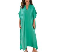 L-Peach Damen Blumenstickerei Kimono Langes Kleid Maxi Kaftan Sommer Strand Boho Cover Up Tops, A Forest Green, Einheitsgröße
