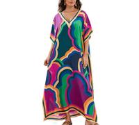 L-Peach Damen Sommer Lang Ethno Print Strandkleid Kimono Maxi Kaftan Cover Ups, A Purple Darkblue 2, One size