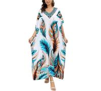 L-Peach Damen Sommer Lang Ethno Print Strandkleid Kimono Maxi Kaftan Cover Ups, A1, Weiß, Blau, Braun, One size