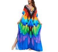 L-Peach Damen Sommer Lang Ethno Print Strandkleid Kimono Maxi Kaftan Cover Ups, Orangeblau, One size