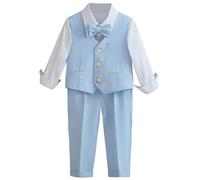 L SERVER Anzug Hochzeit Jungen Mode Weste + Hemd + Hose + Fliege 4er Set Taufanzug Kinder Festliche Kleidung, Blau, 134-140