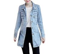 L9WEI Damen Revers Jeansjacke Mittellang Leichte Jacke Herbst Denim Jean Outwear Elegant Slim Mantel