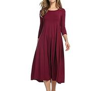L9WEI Frauen Casual Langarm Kleid Rundhals Einfarbig Langarm Kleid Lose Freizeitkleid Bequem Midikleider