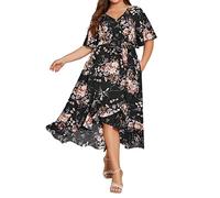 L9WEI Oversize Blumen Kleider Frauen V-Ausschnitt Kleid Sommerkleid Lose Chiffon-Kleid Casual Rock Damenkleid Großes Kleid Strandkleid