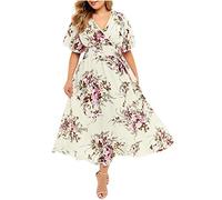 L9WEI Oversize Blumen Kleider Frauen V-Ausschnitt Kleid Sommerkleid Lose Chiffon-Kleid Casual Rock Damenkleid Großes Kleid Strandkleid
