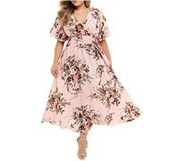L9WEI Oversize Blumen Kleider Frauen V-Ausschnitt Kleid Sommerkleid Lose Chiffon-Kleid Casual Rock Damenkleid Großes Kleid Strandkleid