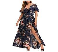 L9WEI Oversize Blumen Kleider Frauen V-Ausschnitt Kleid Sommerkleid Lose Chiffon-Kleid Casual Rock Damenkleid Großes Kleid Strandkleid