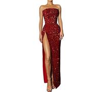 L9WEI Trägerlos Bodycon Pailletten Kleider Damen Sexy Hochgeschnitten Partykleid Elegant Lang Tunic Cocktailkleid Mode Wickelkleid