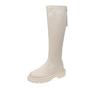L9WEI Women's Knee High Boots Platform Flat Shoes Wide Width Round Toe Stretch Knit Boots Ladies Lace Up Rain Long Tall Boots (White, 37)