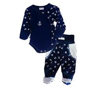 La Bortini Body & Hose mit Füßchen Baby SET Wickelbody mit Kratzschutz Umschlagärmel Schlupfhose 50 56 62 68 74 80 86 92 Weiß Blau mit Motiv (74)