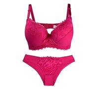 La Dearchuu Push Up BH und Slip Set Damen, Unterwäsche BH Lingerie Komfort Gepolsterter Bügel BH und Tanga Dessous Set, Rosenrot, Größe 105E