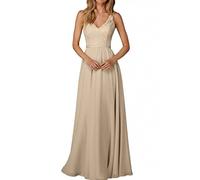 La_Marie Braut Edel Spitze Chiffon Champagner Brautjungfernkleider Abendkleider Partykleider Lang A-Linie Rock -36 Beige