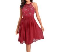 LA ORCHID cocktailkleid festlich Kleid brautjunfernkleid Hochzeit schulterfrei Kleid Abendkleid a Linie Damen Neckholder elegant Spitzen Sommerkleid Rot 40 (EU-L)