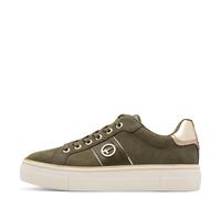 Plateausneaker TAMARIS, Damen, Gr. 40, grün (oliv), Nubukleder, Lederimitat, unifarben mit Farbeinsatz, sportlich, Schuhe, Freizeitschuh, Halbschuh, Schnürschuh mit glänzendem Kontrastbesatz (48705031