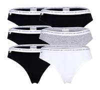 LACOSTE Damen Strings, 6er Pack - Thong, Unterwäsche, Cotton Stretch, Logobund, einfarbig Schwarz/Schwarz/Grau/Weiß L