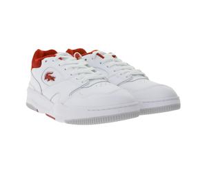 LACOSTE LINESHOT 124 2 SMA Herren Echtleder-Schuhe atmungsaktiver Sneaker mit OrthoLite Innensohle Schnür-Schuhe Weiß/Rot 45