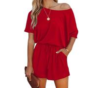 Lacozy Kurzärmeliger Damen-Jumpsuit 2025, schulterfrei, lässig, Einteiler, Overall, elegant, Einteiliger roter Strampler, Medium
