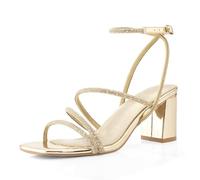 LACUONE Riemchensandalen für Damen, Blockabsatz, quadratische Zehenpartie, klobige Knöchelschnalle, Pump-Absatz, Sandalen, Strass Gold, 38.5 EU