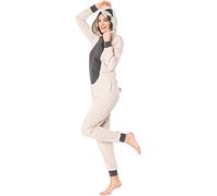 Ladeheid Damen Schlafoverall aus Baumwolle Jumpsuit bunt Verkleidung Schlafanzug Einteiler mit Kapuze LA40-234 (Beige Mops, XL)