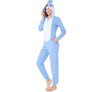 Ladeheid Damen Schlafoverall aus Baumwolle Jumpsuit bunt Verkleidung Schlafanzug Einteiler mit Kapuze LA40-234 (Blau Hai, XS)