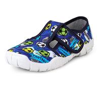 Ladeheid Hausschuhe Kinder Junge, Kinderhausschuhe mit Klettverschluss, Bequeme und Stabile Kindergarten Hausschuhe, Ideal auch für Schule, Spazierengehen und Zuhause LARW005 (Blau Bälle, 27 EU)